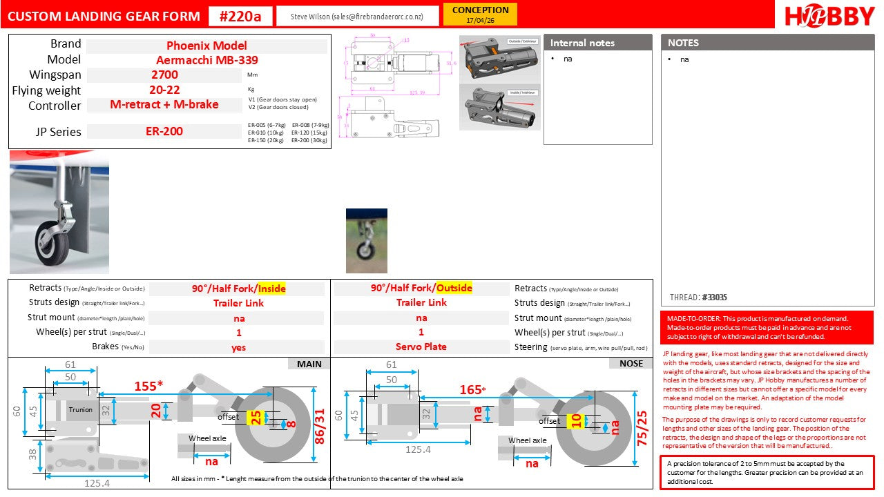 JP Custom Made Retract Upgrade for Phoenix 2.7m Aermacchi. EXPECTED LATE JULY/AUGUST.